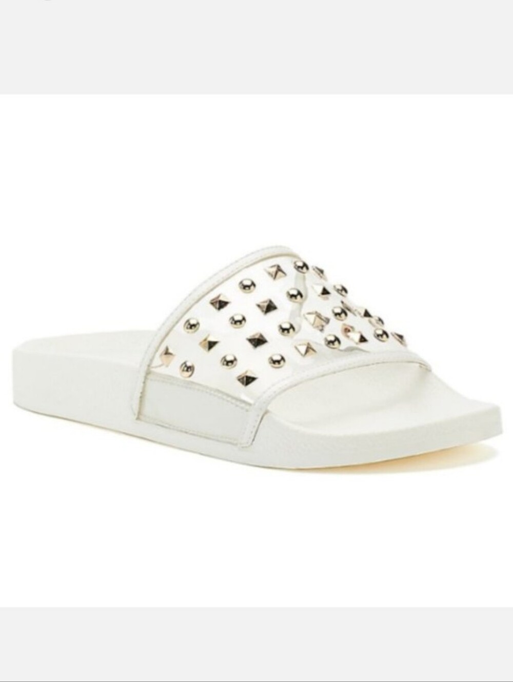 Jennifer Lopez Gold Studded Sandals Slides Bodhi White Size 7.5 NIB NWT